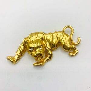 Vintage Gold Tiger Brooch with Rhinestone Eyes